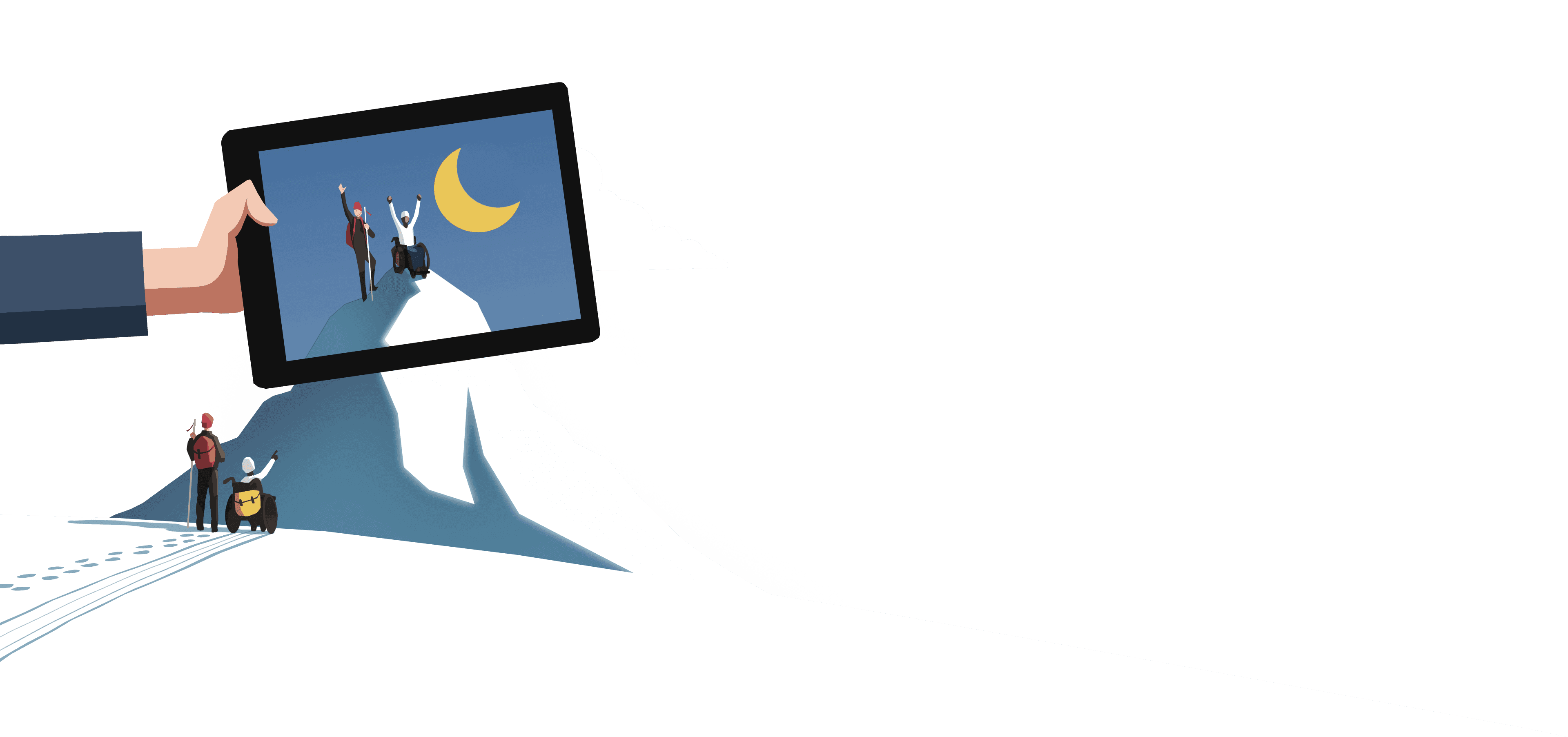 Två äventyrare står respektive sitter vid foten av ett berg. Ovanför dem håller en stor hand i en surfplatta vars skärm visar när äventyrarna nått bergstoppen.